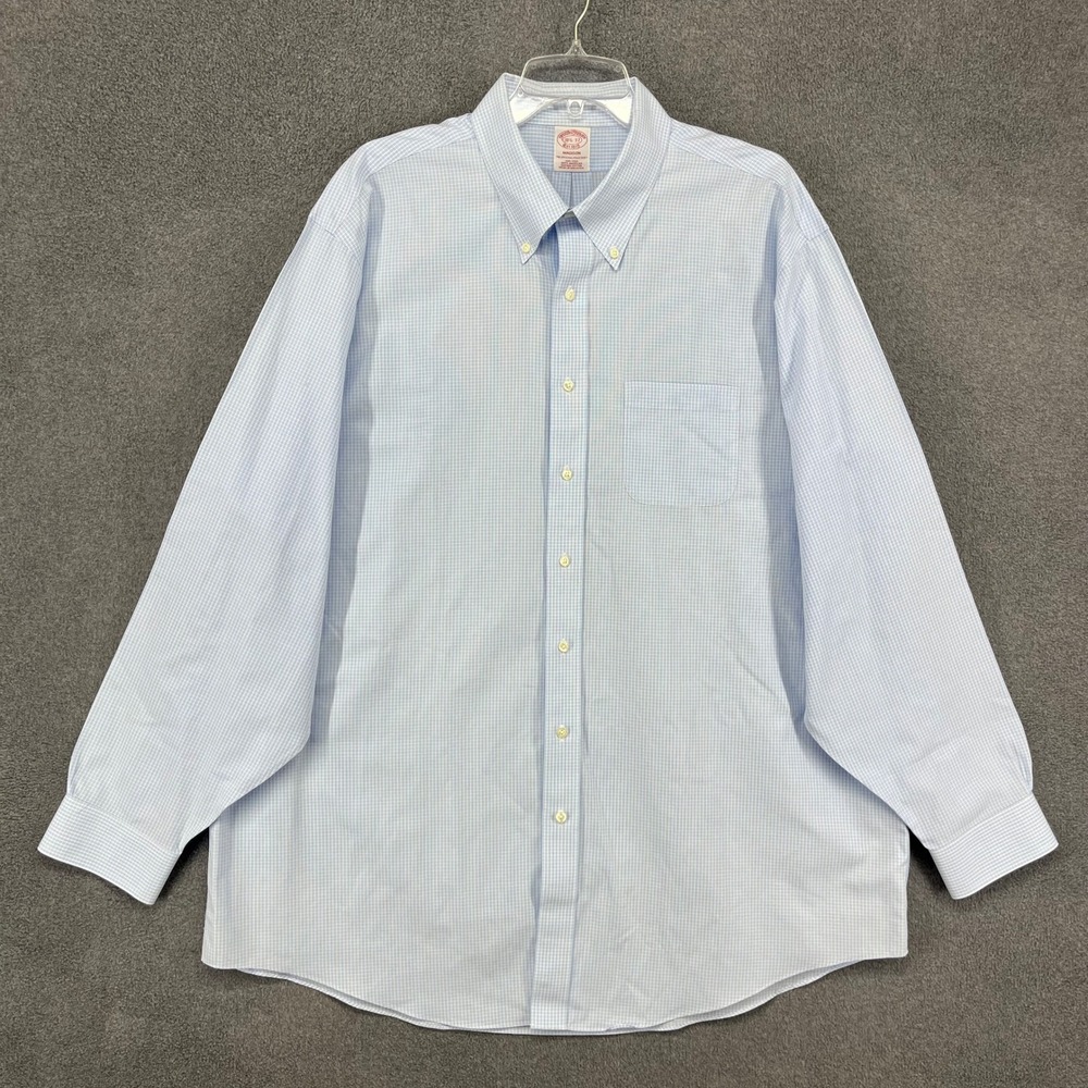 Brooks Brothers Dress Shirt Mens 18.5 37 Blue Madison Non-Iron Gingham Button Up